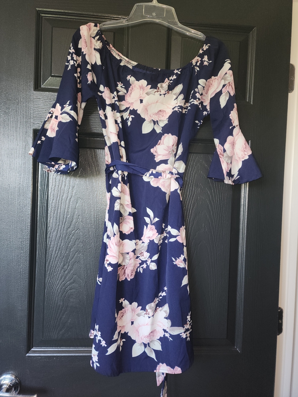 Floral Off-Shoulder Navy Dress with Pink Blooms